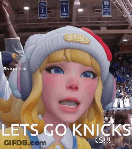 A Girl With A Hello Kitty Hat And Headphones Says Let 'S Go Knicks GIF