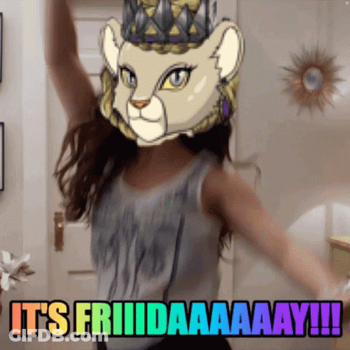 A Girl With A Lion Mask On Her Head Says It 'S Fridayaaay !!! GIF