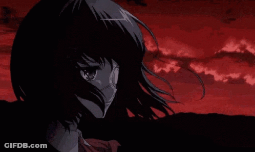A Girl With A Mask On Her Face Is Crying In Front Of A Red Sky . GIF