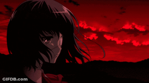 A Girl With A Mask On Her Face Is Standing In Front Of A Red Sky GIF