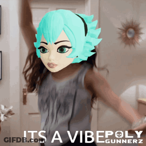 A Girl With A Mask On Her Head Is Dancing With The Words It 'S A Vibepoly Gunnerz Below Her GIF