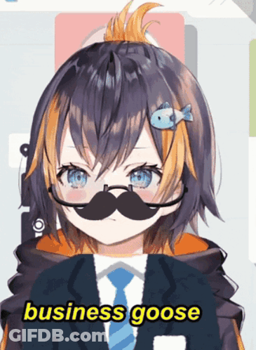 A Girl With A Mustache Is Wearing A Suit And Tie And Says " Business Goose " GIF