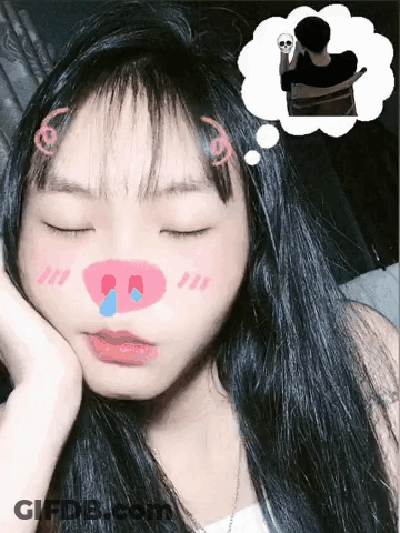 A Girl With A Pig Nose And A Thought Bubble Of A Skeleton GIF