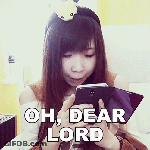 A Girl With A Pikachu Headband Is Looking At Her Phone With The Words Oh Dear Lord Written Below Her GIF
