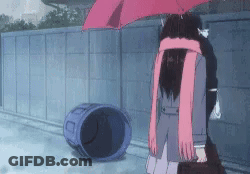 A Girl With A Pink Scarf Is Holding An Umbrella In The Rain Next To A Trash Can . GIF