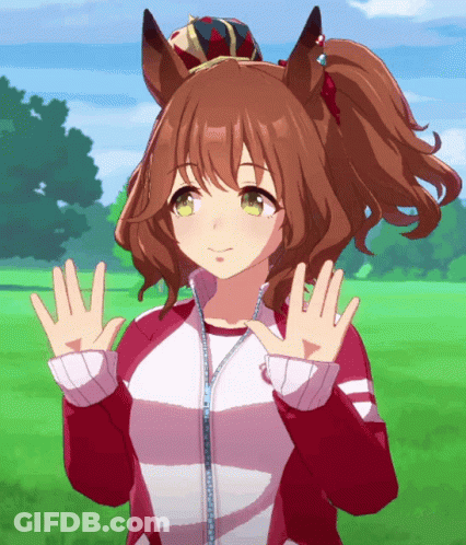 A Girl With A Ponytail And A Crown On Her Head Is Waving Her Hands GIF