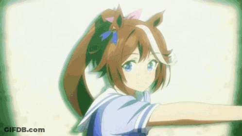 A Girl With A Ponytail And Blue Eyes Is Standing In Front Of A White Wall With Her Arms Outstretched . GIF