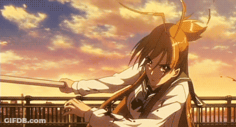 A Girl With A Ponytail Is Holding A Sword GIF