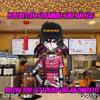 A Girl With A Popeye Hat Is Standing In A Restaurant GIF