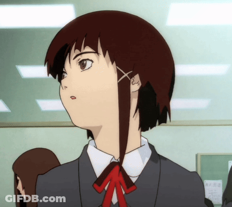 A Girl With A Red Bow In Her Hair Looks Up GIF