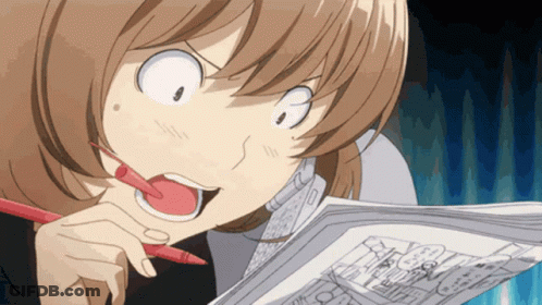 A Girl With A Red Pen In Her Mouth Is Looking At A Drawing GIF