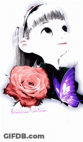 A Girl With A Red Rose And A Purple Butterfly With The Name Anthony Cruz On The Bottom GIF