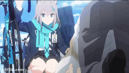 A Girl With A Scarf Around Her Neck Is Standing Next To A Bicycle That Says " Ronen " On It GIF
