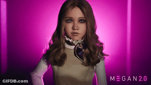 A Girl With A Scarf Around Her Neck Stands In Front Of A Purple Background That Says Megan 2.0 On It GIF