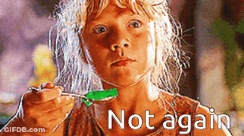 A Girl With A Spoon In Her Mouth And The Words Not Again On The Bottom Right GIF