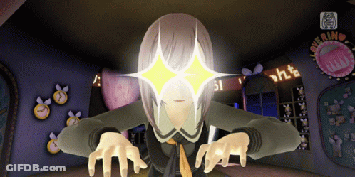 A Girl With A Star In Her Eyes Is Standing In Front Of A Sign That Says " Overtime " GIF