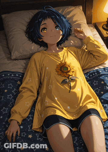 A Girl With A Sunflower On Her Shirt Is Laying On A Bed GIF