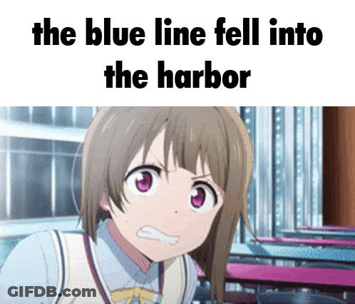 A Girl With A Surprised Look On Her Face And The Words " The Blue Line Fell Into The Harbor " Below Her GIF