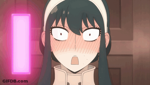 A Girl With A Surprised Look On Her Face Is Standing In Front Of A Pink Light GIF