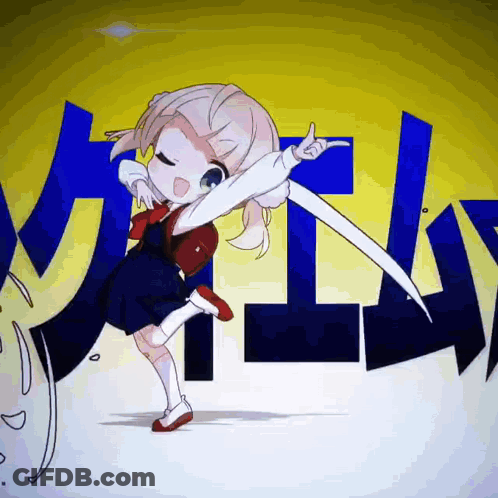 A Girl With A Sword Is Pointing To The Word Milky GIF