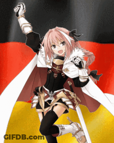 A Girl With A Sword Is Standing In Front Of A Flag GIF