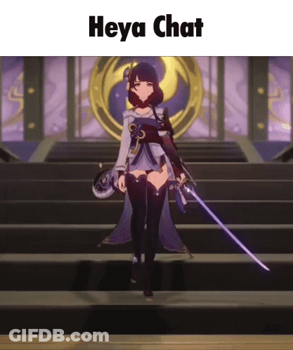 A Girl With A Sword Is Standing On A Set Of Stairs With The Words Heya Chat Above Her GIF