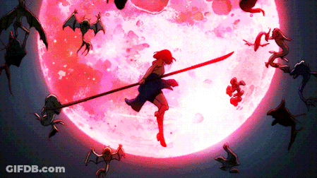 A Girl With A Sword Is Surrounded By Bats And A Full Moon GIF