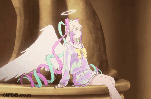 A Girl With Angel Wings And A Halo On Her Head Sits On A Pedestal GIF