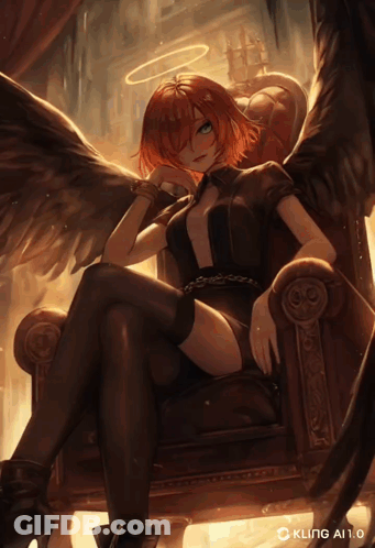 A Girl With Angel Wings Is Sitting In A Chair With Kling Ai 1.0 Written Below Her GIF