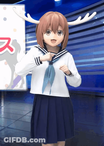 A Girl With Antlers On Her Head Is Standing In Front Of A Sign With Chinese Characters GIF