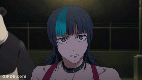 A Girl With Black And Blue Hair Has Purple Eyes And A Choker Around Her Neck GIF