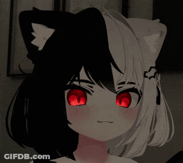 A Girl With Black And White Hair Has Red Eyes GIF