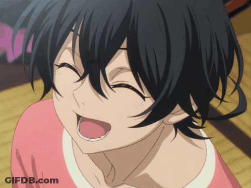 A Girl With Black Hair And A Pink Shirt Smiles With Her Mouth Open GIF