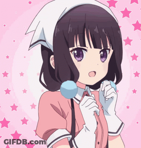 A Girl With Black Hair And Purple Eyes Is Holding A Blue Ball In Her Hand GIF