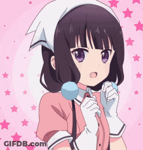 A Girl With Black Hair And Purple Eyes Is Holding A Blue Ball In Her Hand GIF