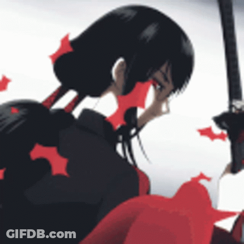 A Girl With Black Hair And Red Bows Is Holding A Sword In Her Hand GIF
