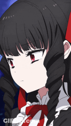 A Girl With Black Hair And Red Eyes Has A Red Bow GIF