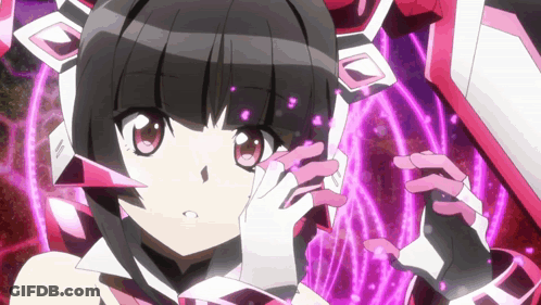 A Girl With Black Hair And White Gloves Is Surrounded By Purple Circles GIF