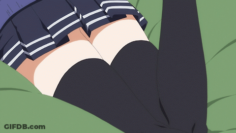 A Girl With Black Thigh High Socks And A Blue And White Skirt GIF