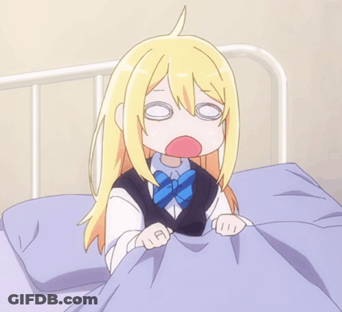 A Girl With Blonde Hair And A Blue Bow Tie Is Laying In Bed With Her Eyes Closed GIF
