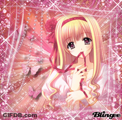 A Girl With Blonde Hair And A Pink Headband Is Surrounded By Pink Beads And Butterflies And Says Blingee On The Bottom GIF