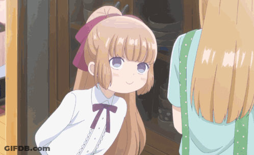 A Girl With Blonde Hair And A Purple Bow On Her Head GIF