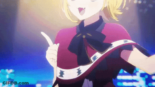 A Girl With Blonde Hair And A Red Cape Is Dancing On A Stage In An Anime . GIF