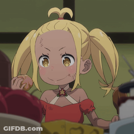 A Girl With Blonde Hair And A Red Dress Holds A Donut GIF
