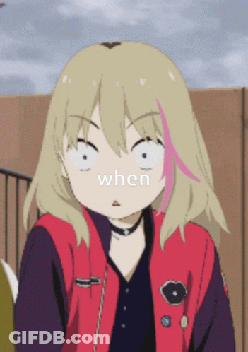 A Girl With Blonde Hair And A Red Jacket Is Making A Funny Face With The Word When Behind Her GIF