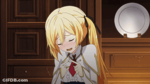 A Girl With Blonde Hair And A Red Tie Is Sitting In Front Of A Plate GIF