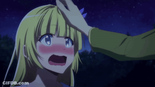 A Girl With Blonde Hair And Blue Eyes Is Being Touched By A Man GIF