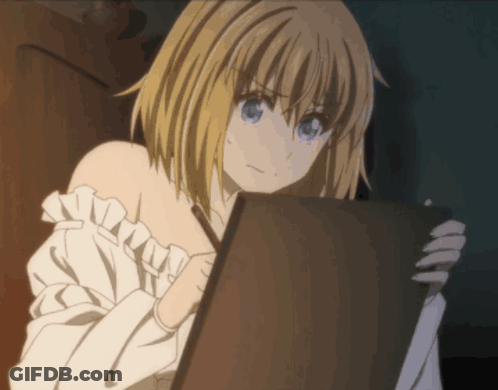 A Girl With Blonde Hair And Blue Eyes Is Looking At A Piece Of Paper GIF