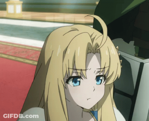 A Girl With Blonde Hair And Blue Eyes Is Looking At Something GIF