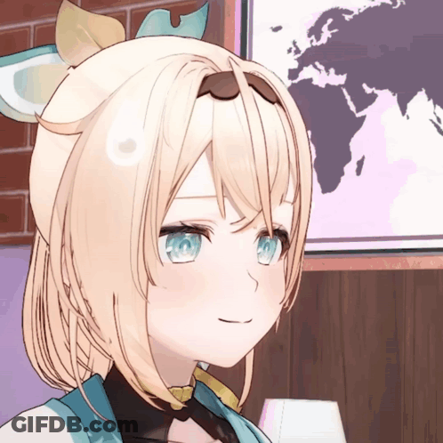 A Girl With Blonde Hair And Blue Eyes Is Smiling In Front Of A World Map GIF